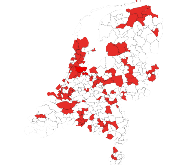 Kaart van nederland met in rood gekleurd de gemeenten waar PAS bv actief is, ook wel PAS gebieden
