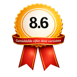 Badge met gouden rozet en rood lint waarop staat: “Gemiddelde cijfer door cursisten”, met centraal het beoordelingscijfer 8,6.