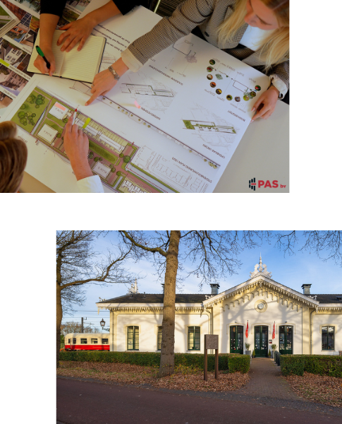Collage: PAS bv adviseurs werken aan ontwerptekeningen en plannen; buitenaanzicht van het kantoor van PAS bv in Houten.