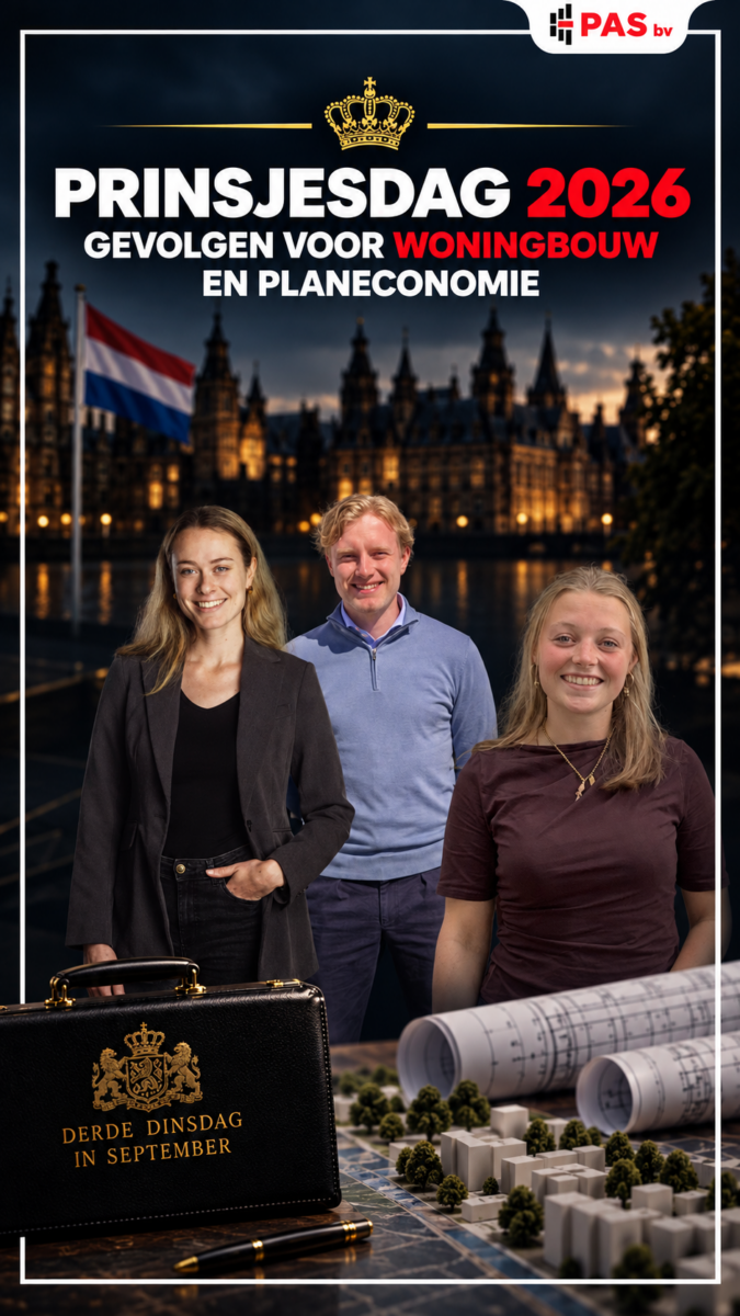 Drie medewerkers van PAS bv voor een Prinsjesdag 2026-cover over woningbouw en planeconomie, met op de achtergrond het Binnenhof, een Nederlands vlag, bouwplannen en het Prinsjesdagkoffertje. Verticaal